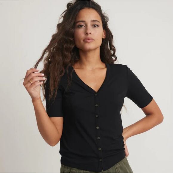 Marine Layer Tops - Marine Layer Lexi Button Front Ribbed Black Short Sleeve V-Neck Top Shirt Medium